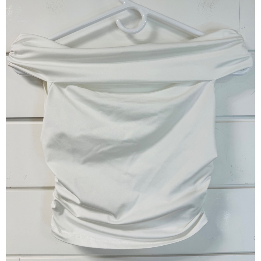 SHEIN Women White Off the Shoulder Ruched Crop Top Size XS 2 Solid Minimalist
